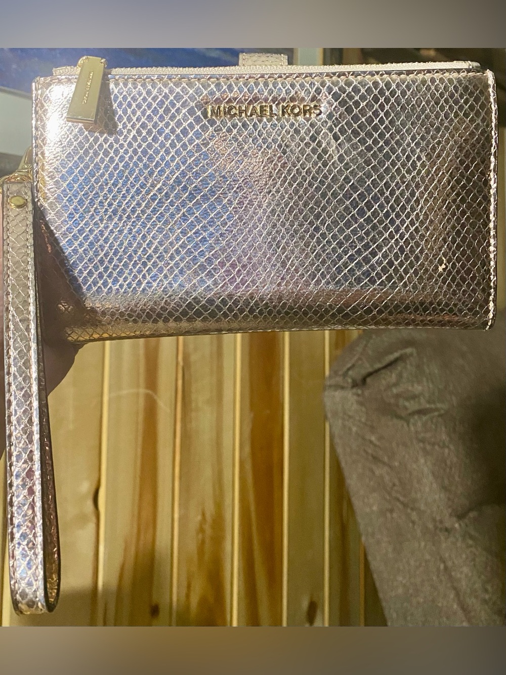 Michael Kors Jet Set metallic snakeskin wristlet textured snakeskin-embossed